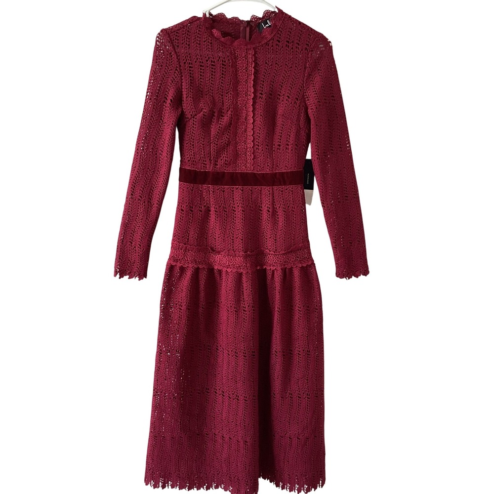 Lulus Burgundy Crochet Lace Midi Dress XS Long Sleeve Velvet Waist NWT